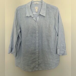 Chico’s 100% Linen Blue‎ and White Stripe Button Shirt Size 2